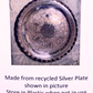 A square product photo of a tarnished silver plate with a scalloped rim, shown above text that reads 'Made from recycled Silver Plate shown in picture Store in Plastic when not in use'.