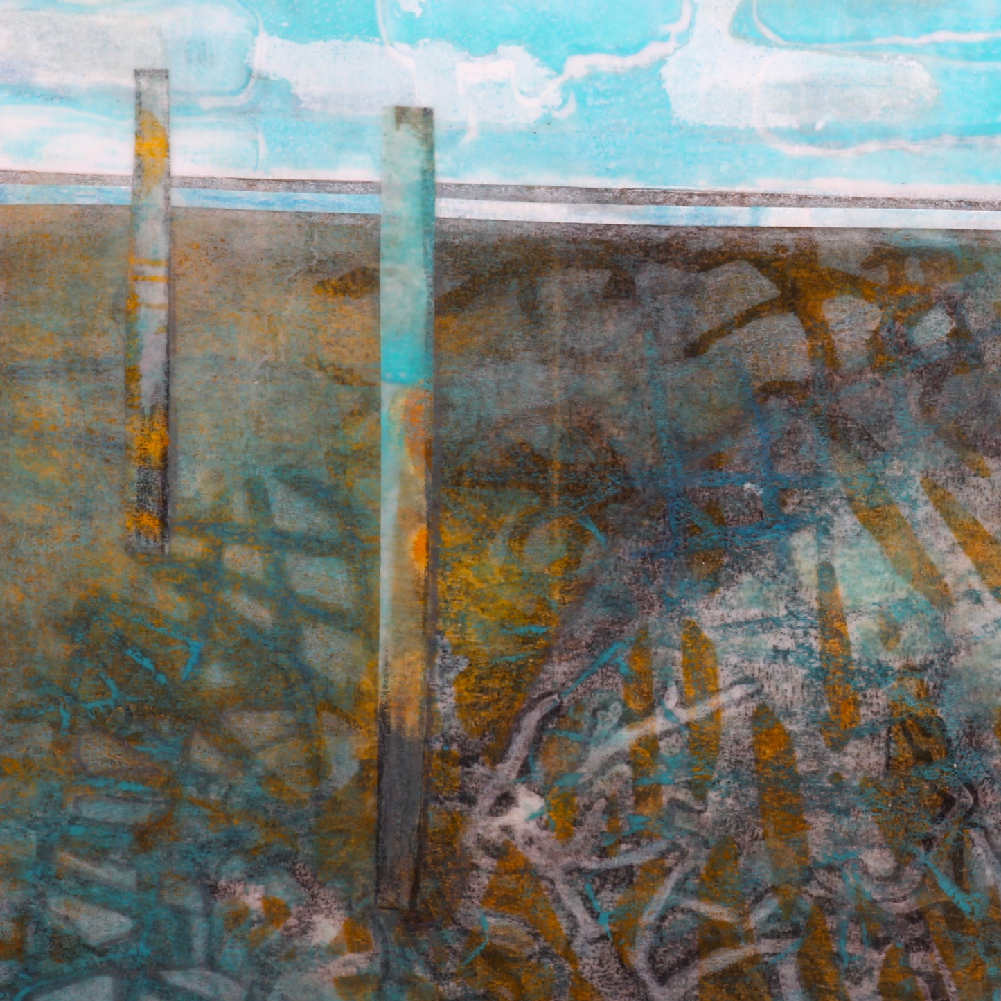 Fenceline - Framed Encaustic Collage
