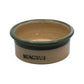 Clay ramekin with green rim and "MEACHAM" on one side and "bonnie gilmour" on the other 