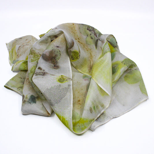 Neutral coloured scarf with green leaves eco-print