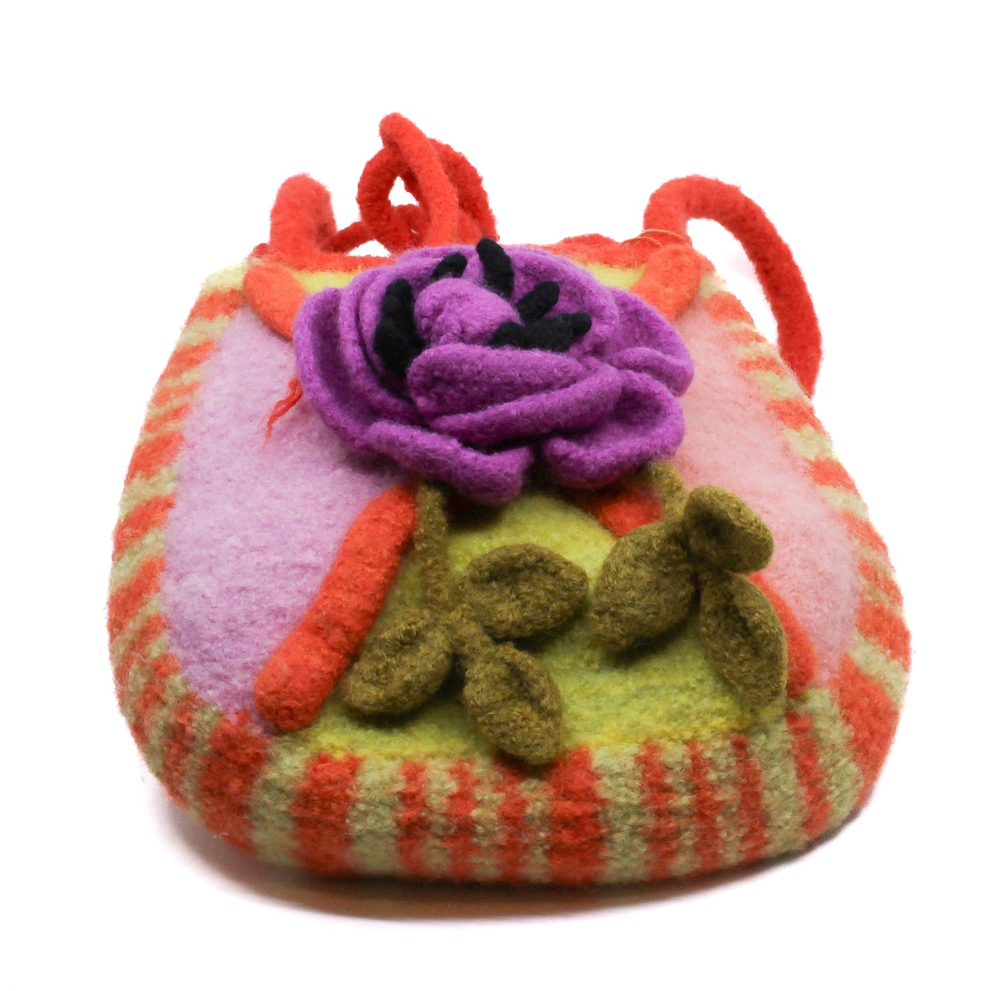 Orange, pink, and yellow felted bag with large rose
