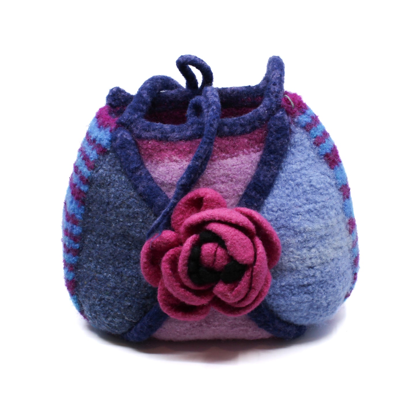 Indigo, purple, and pink felted bag with pink rose