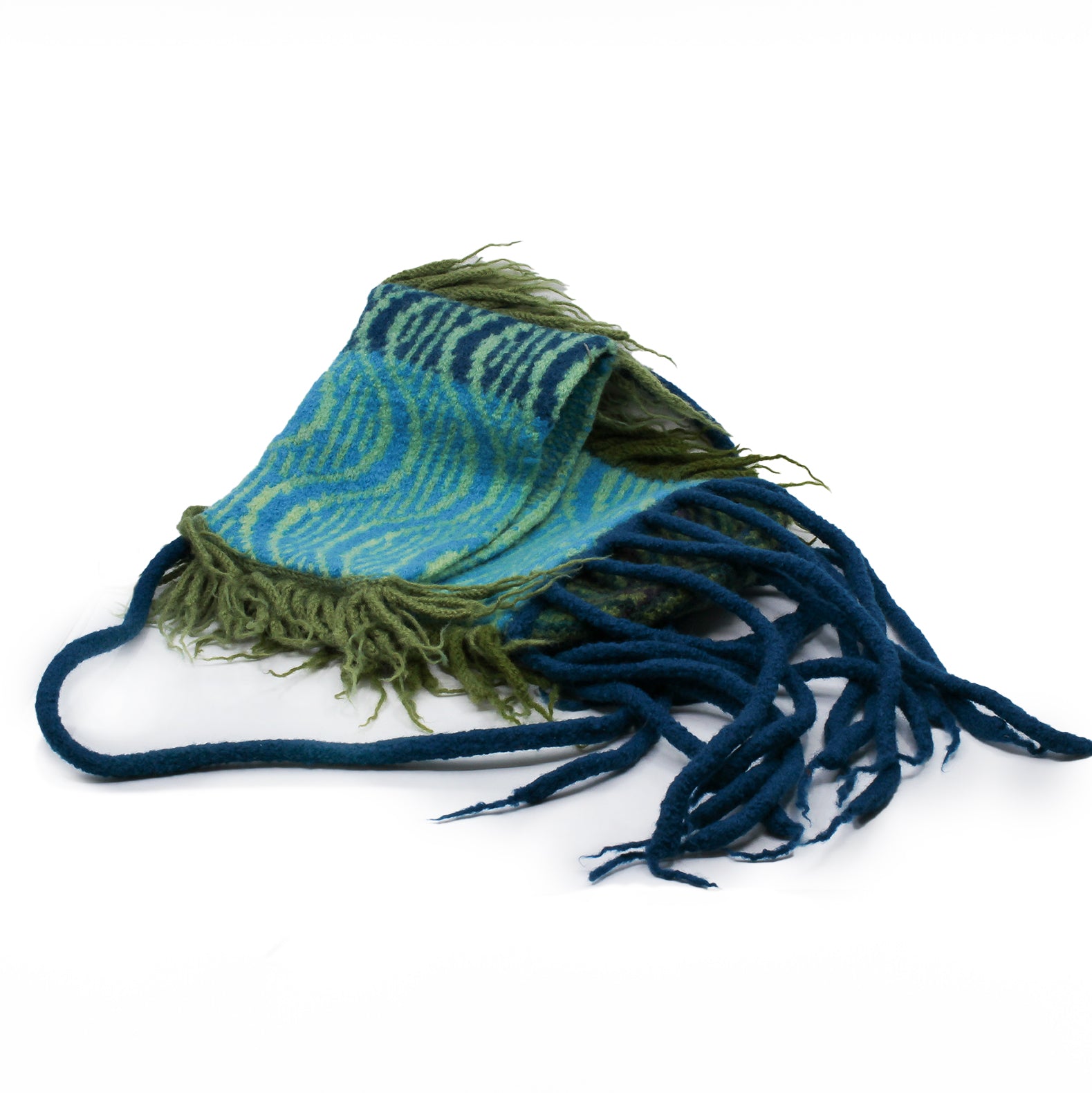 Blue and green bag with green and teal fringe