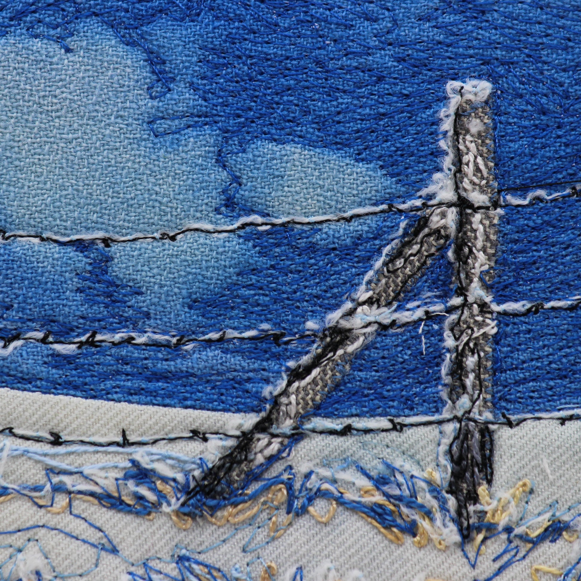 close up of thread painting of winter fence 