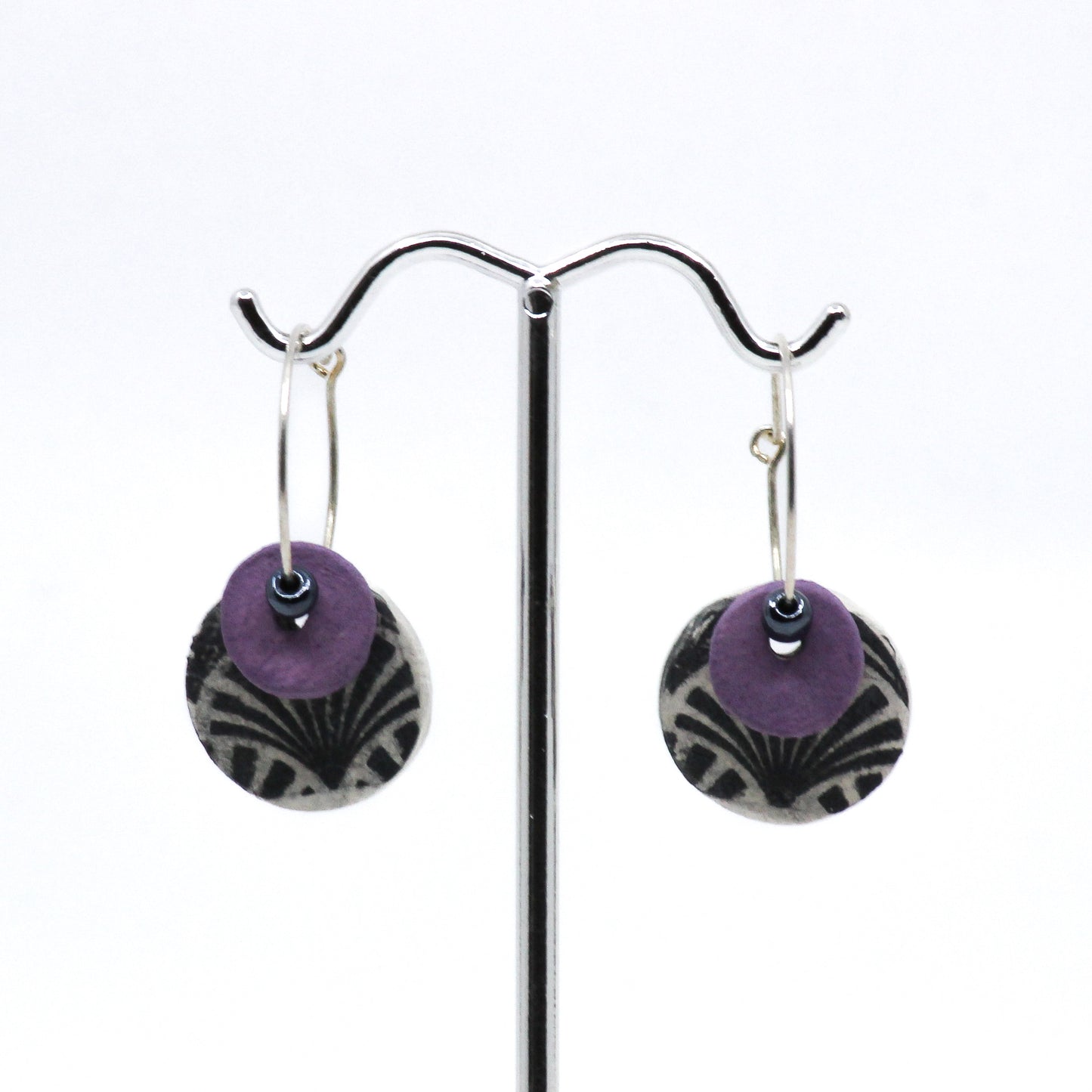 Purple, black and white earrings