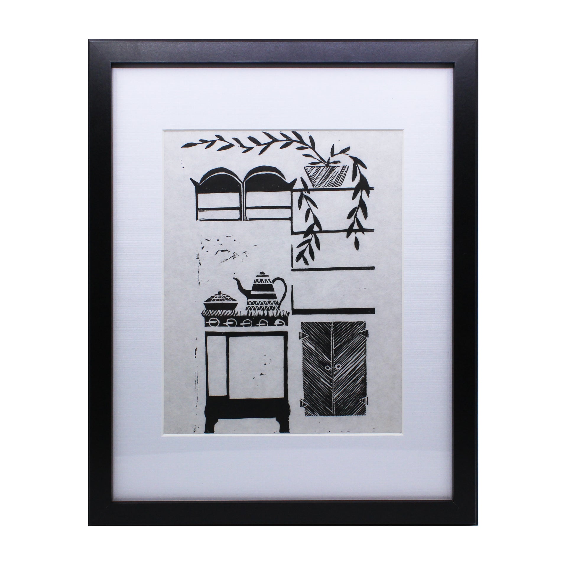 Linocut of vintage stove and kitchen cabinets 