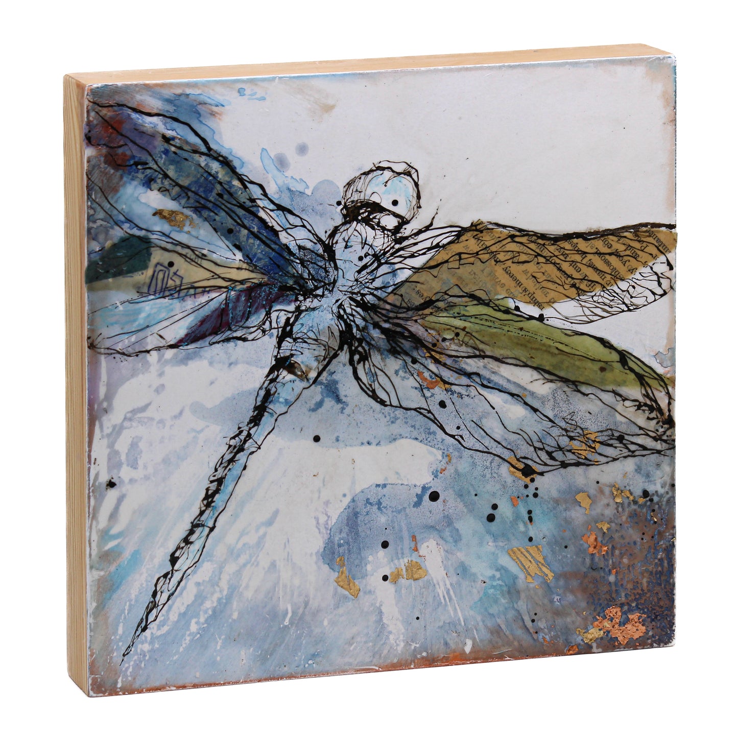 Encaustic collage of a dragonfly 