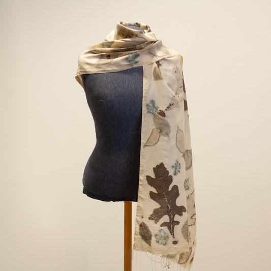 Cream scarf with eco print leaves