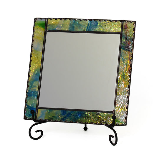 Blue green yellow stained glass mirror on stand 