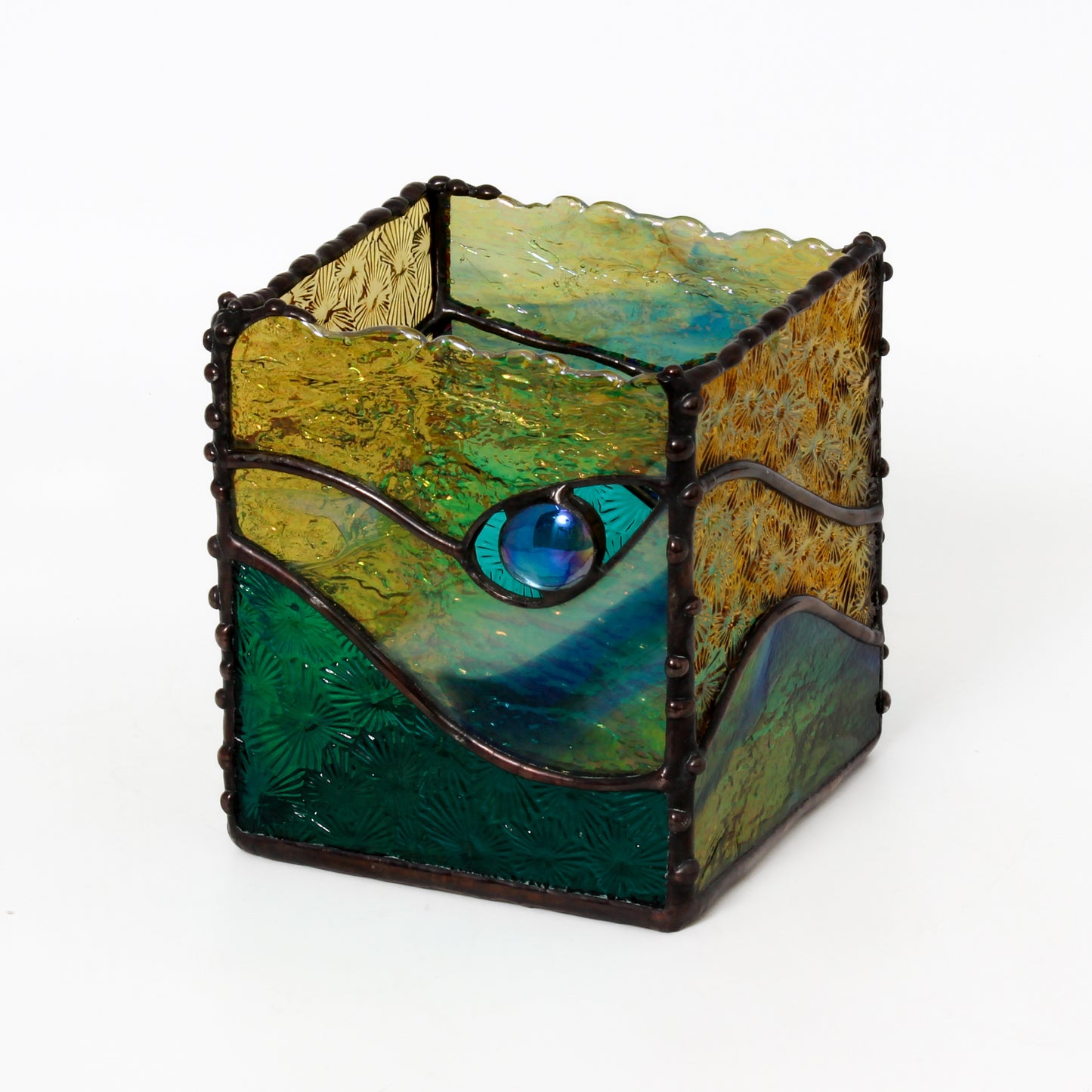 Stained glass box with blue stone accent 