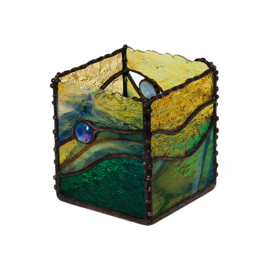 Stained glass box with blue stone accent 