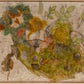 Textile art piece with floral patterns and natural elements on a textured background