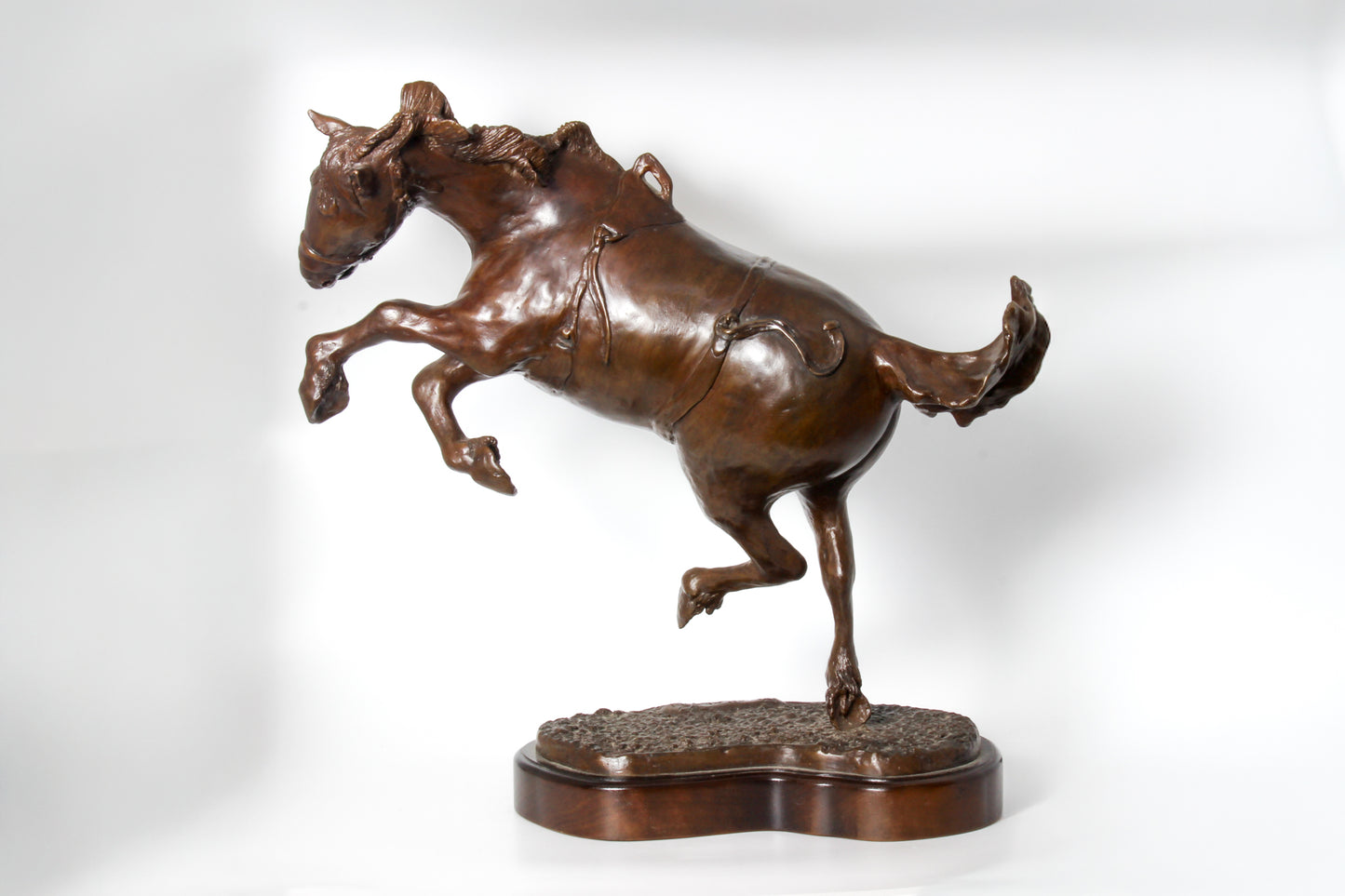 Bronze sculpture of a rearing horse on a white background