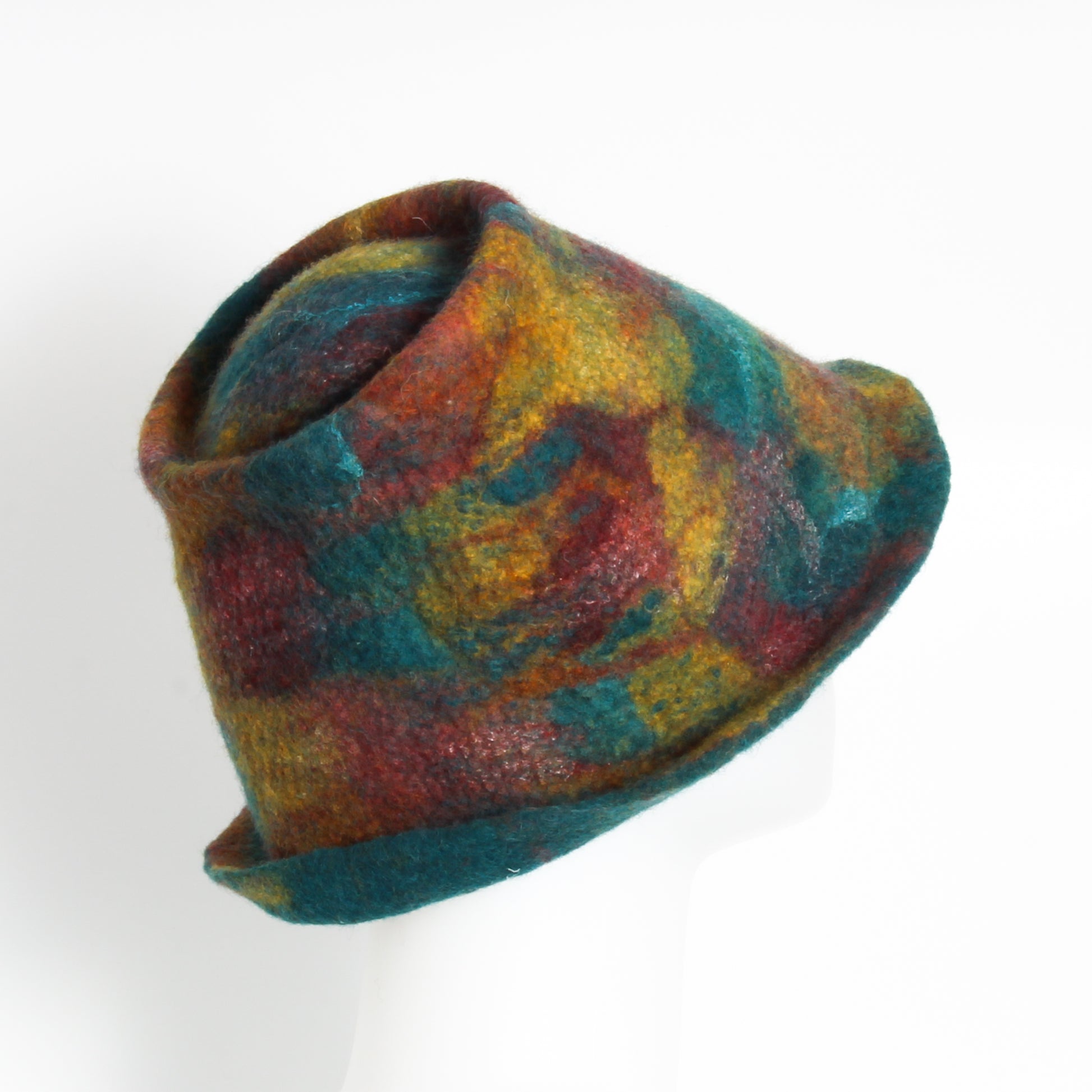 teal and multicoloured felted hat 