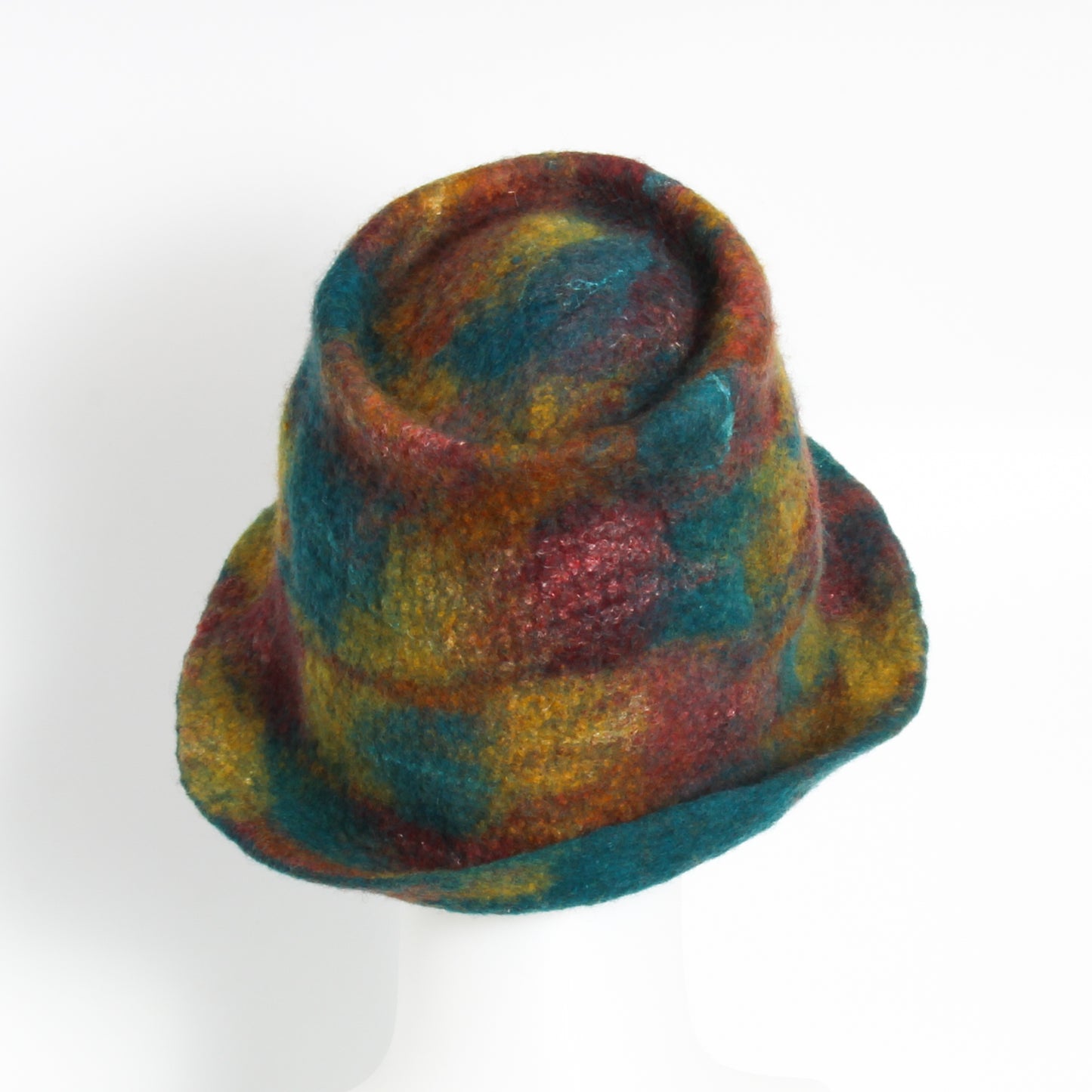 teal and multicoloured felted hat 