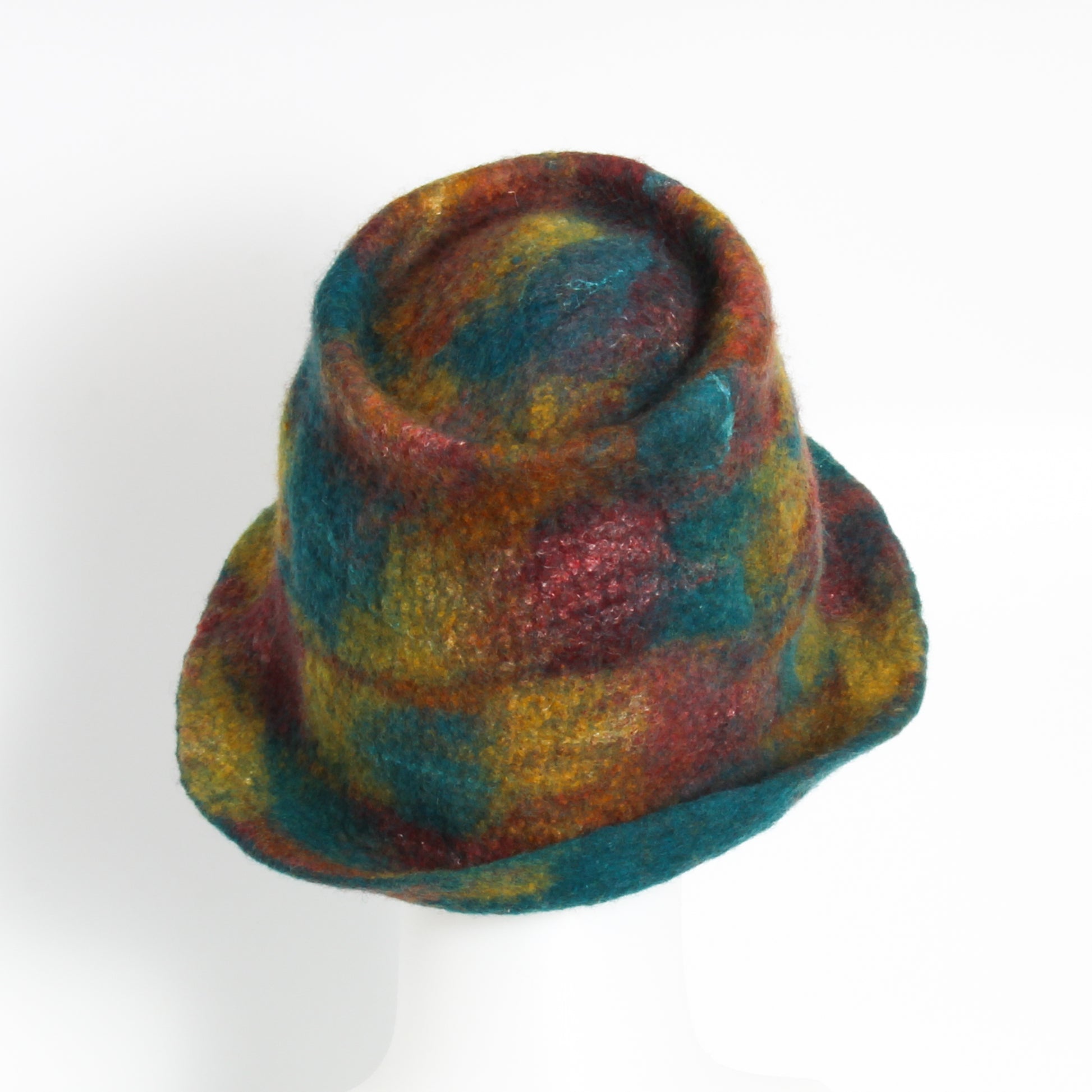 teal and multicoloured felted hat 