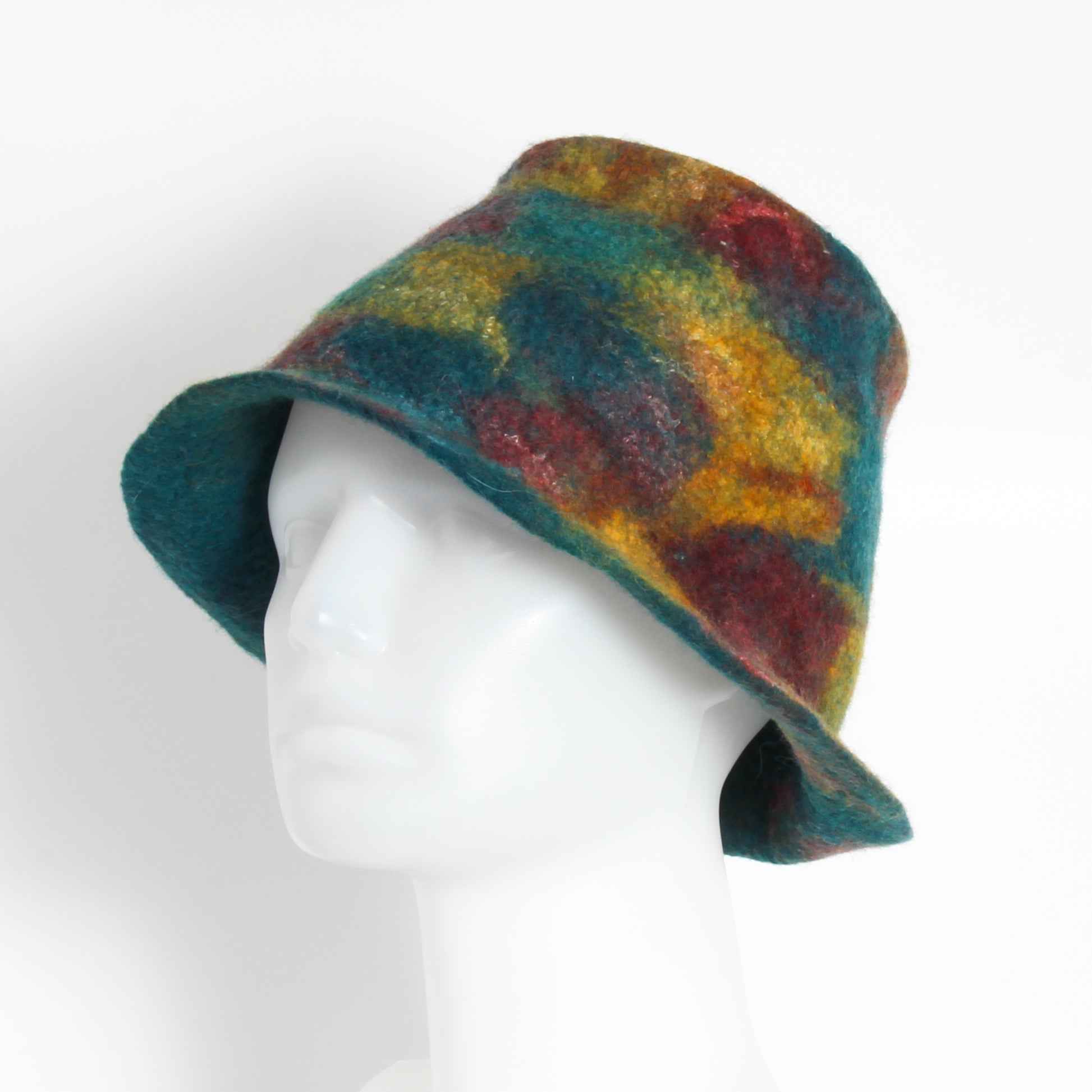 teal and multicoloured felted hat 