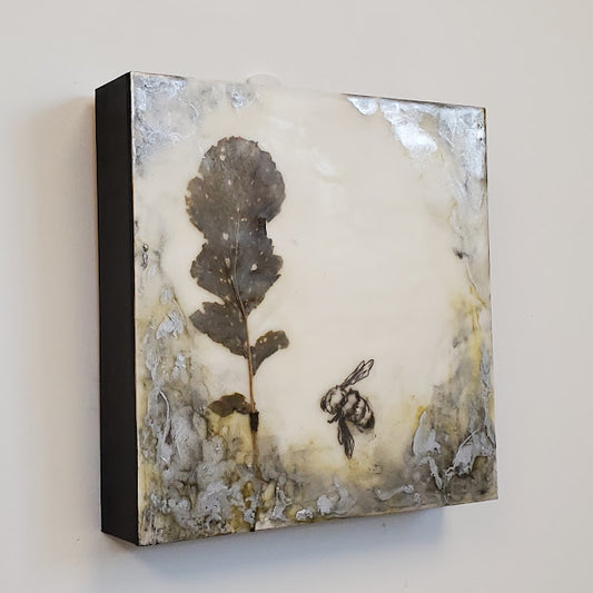 Artistic depiction of a leaf and a bee on a textured surface with a white background