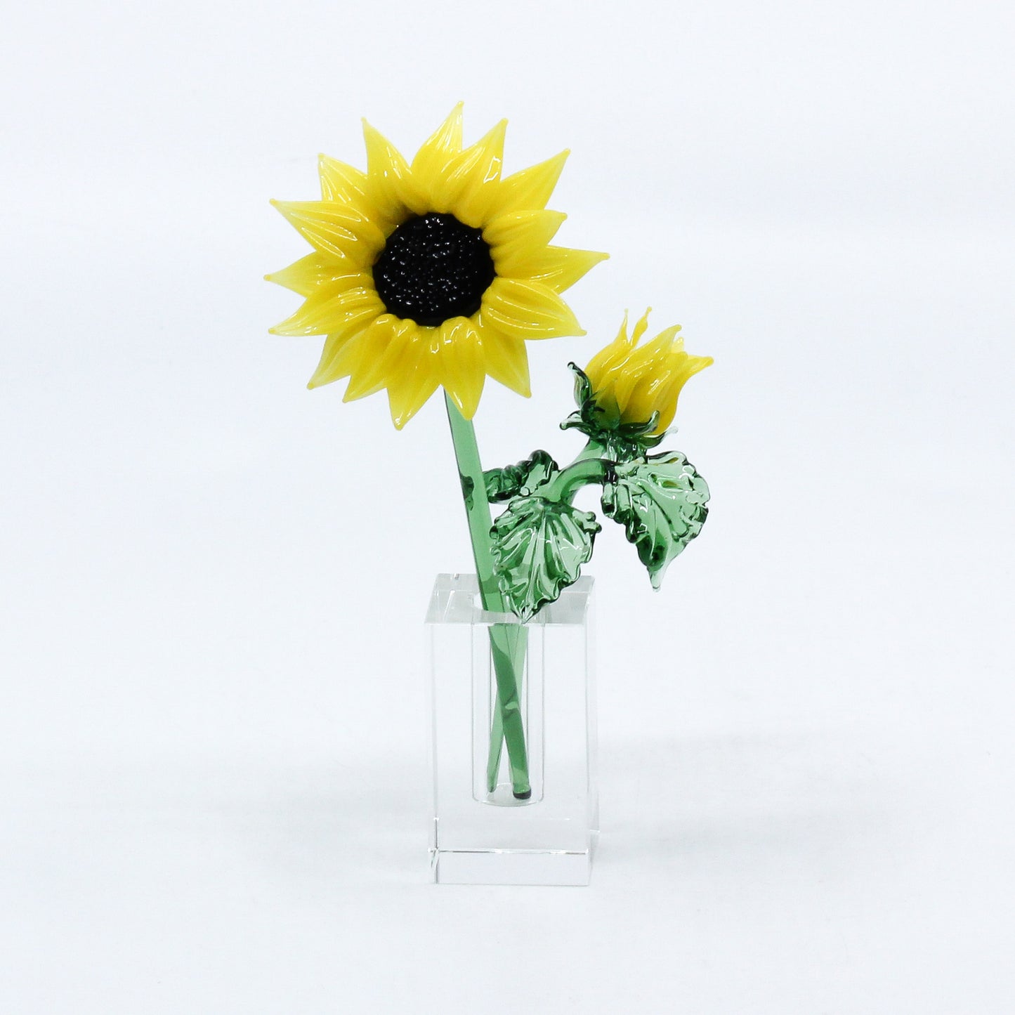 glass sunflower and bud in block vase 