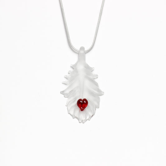 translucent feather with red heart necklace