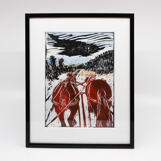 Watercolour and linocut print of driver's point of view of a sleigh ride