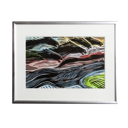 Watercolour and linocut print of horses 