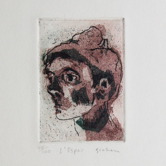 etching of a profile face in red and black