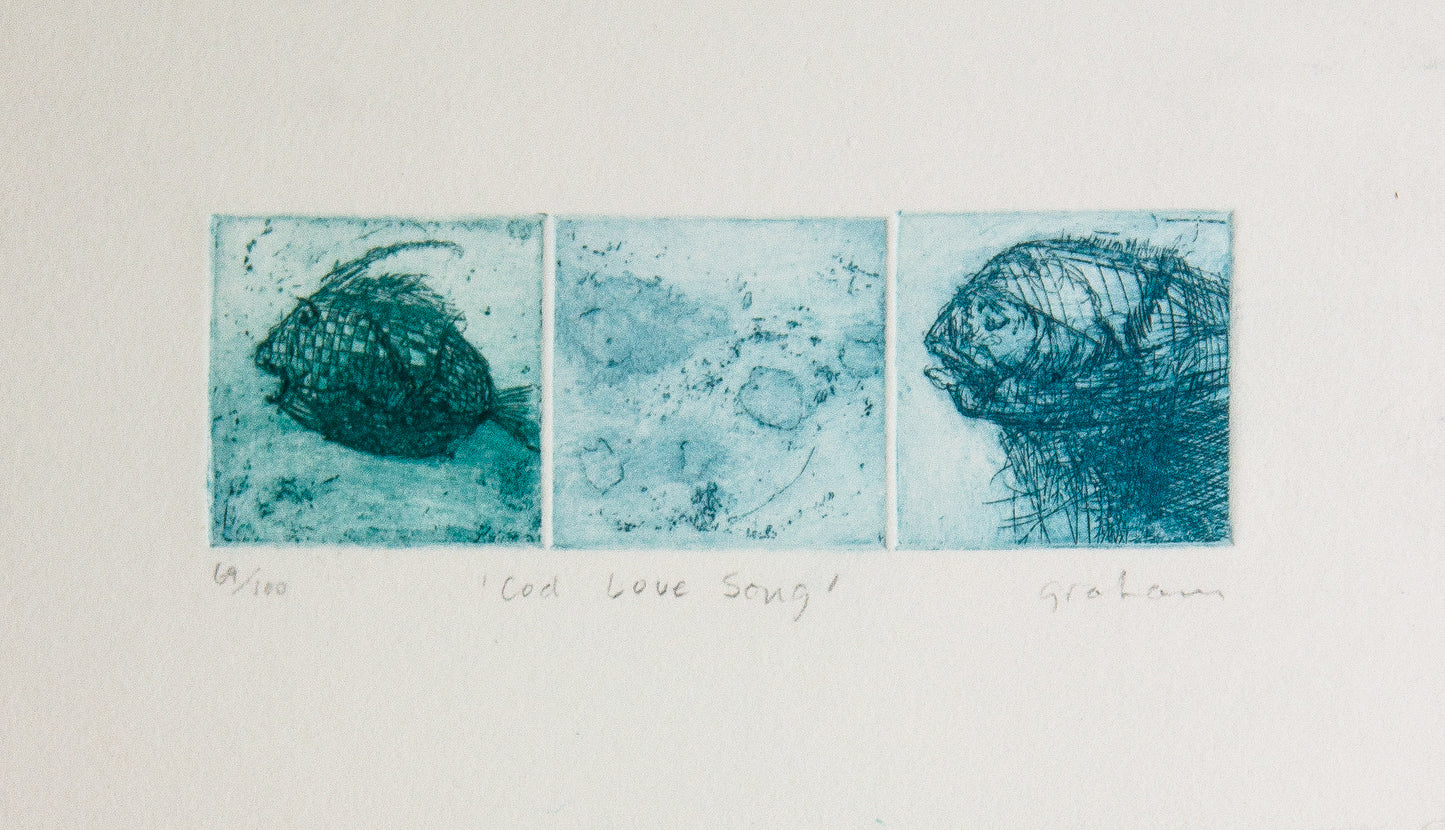cyan triptych of cod fish