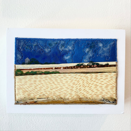 Blue and Brown fiber art of a Saskatchewan landscape