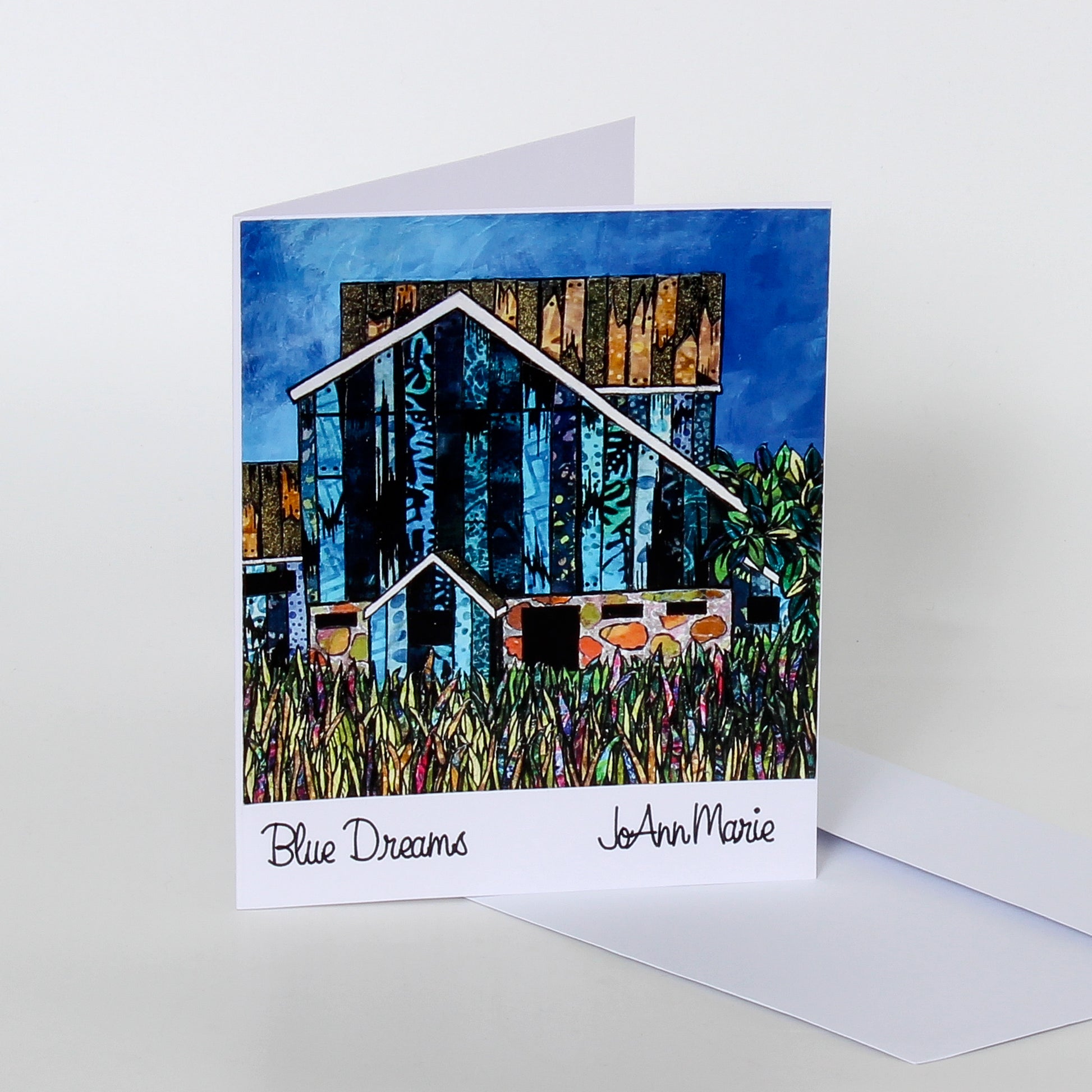 art card of blue house in field 