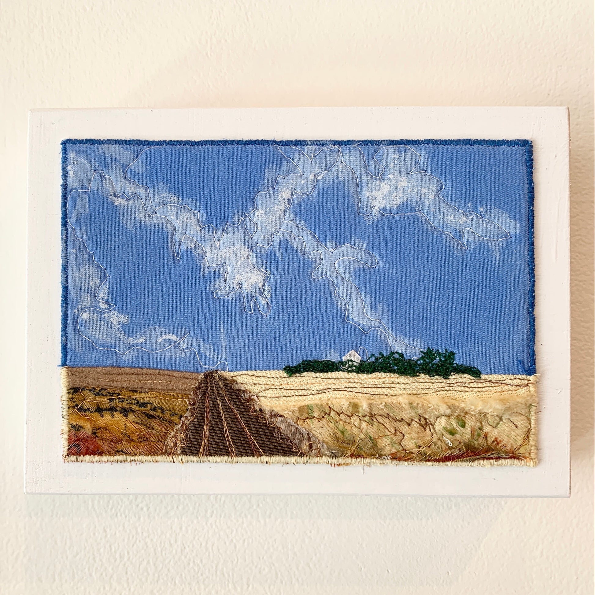 Blue and Brown fabric art Saskatchewan landscape
