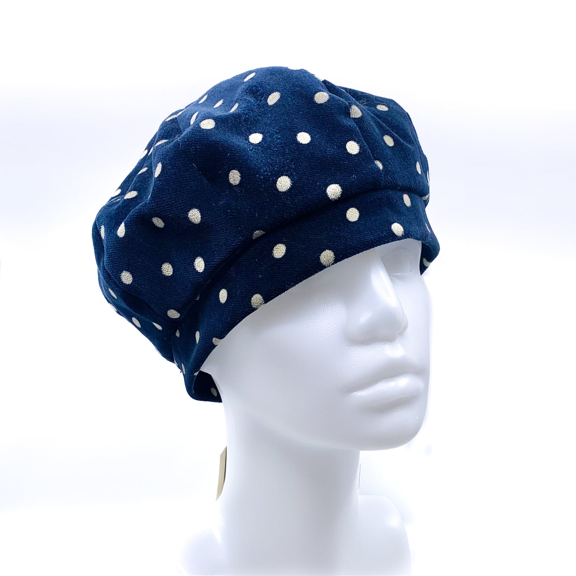 Blue beret with cream pokadots