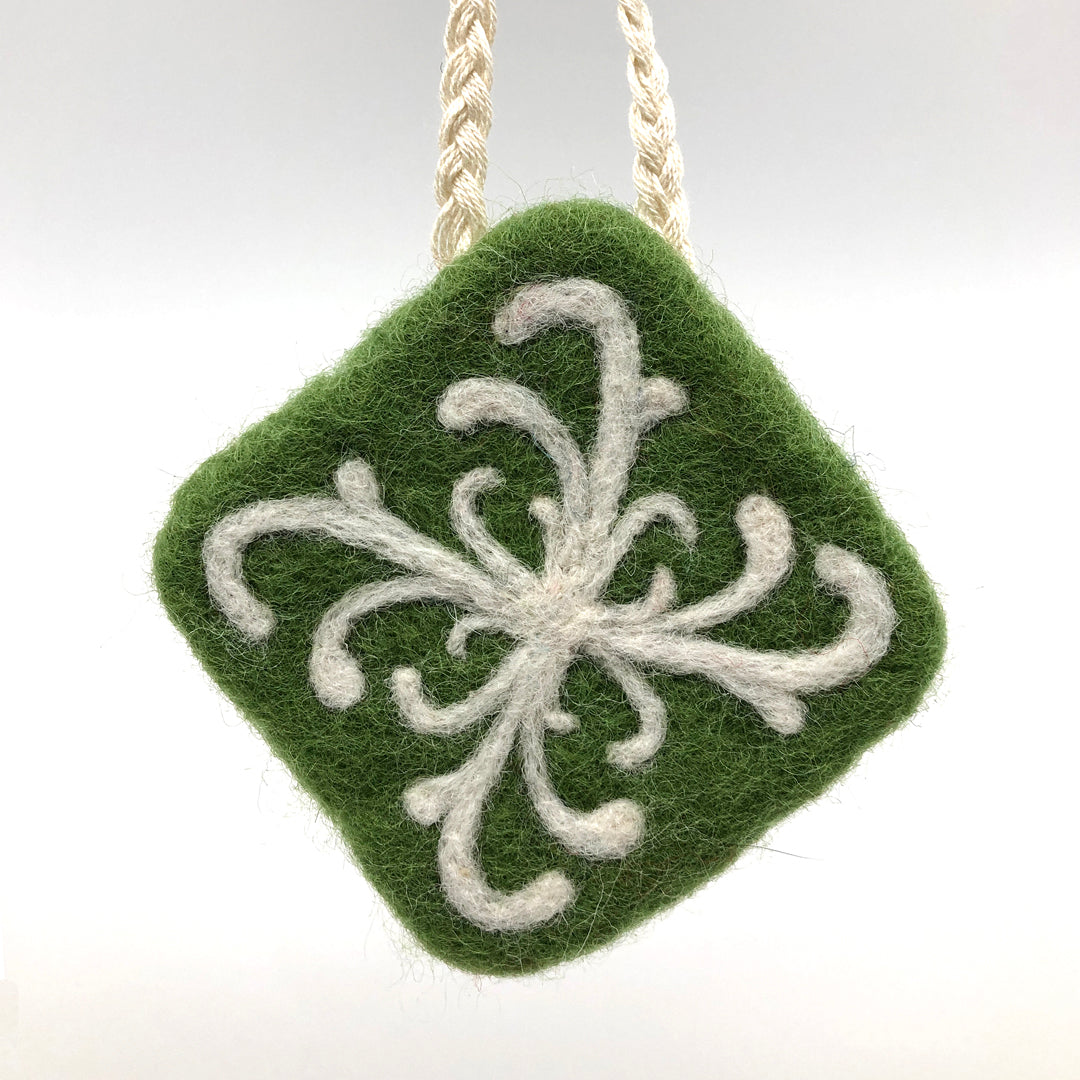 Snowflake on green diamond, felted ornament