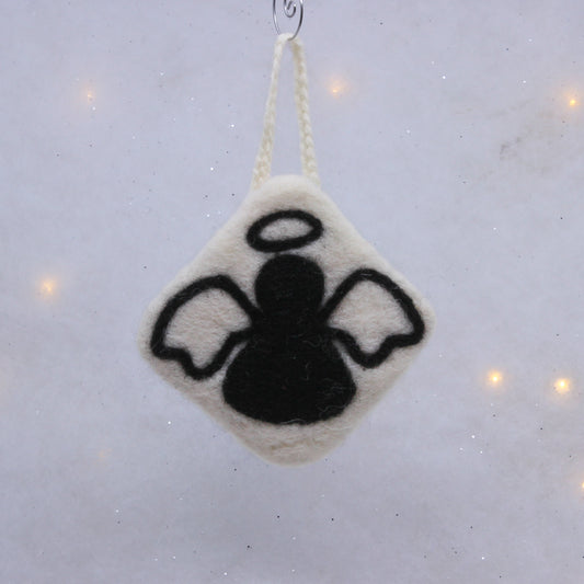 Black angel on white diamond, felted ornament 