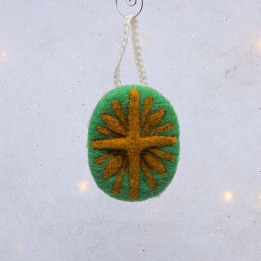 Yellow star on green, felted ornament