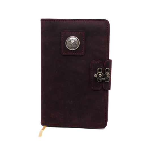 Burgundy journal cover with clasp and compass motif