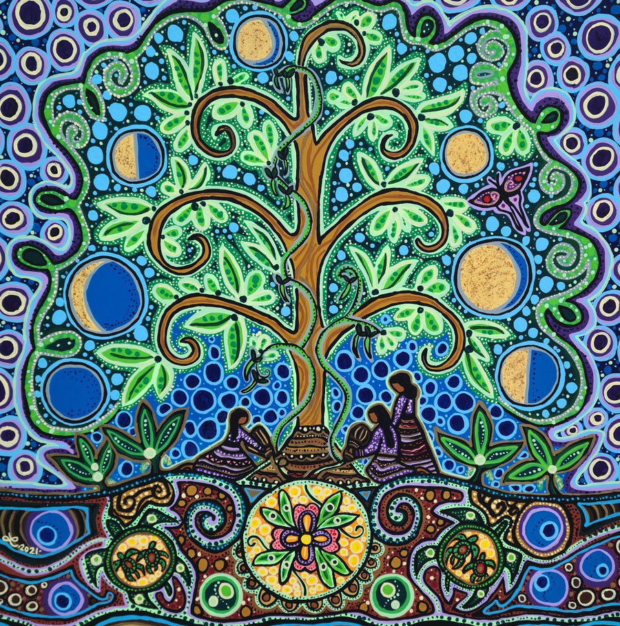 Colourful painting with a tree and people under it, surrounded by circular patterns and symbols.