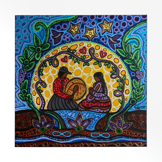 Acrylic painting of Metis family (father, mother, child) drumming under a moon 