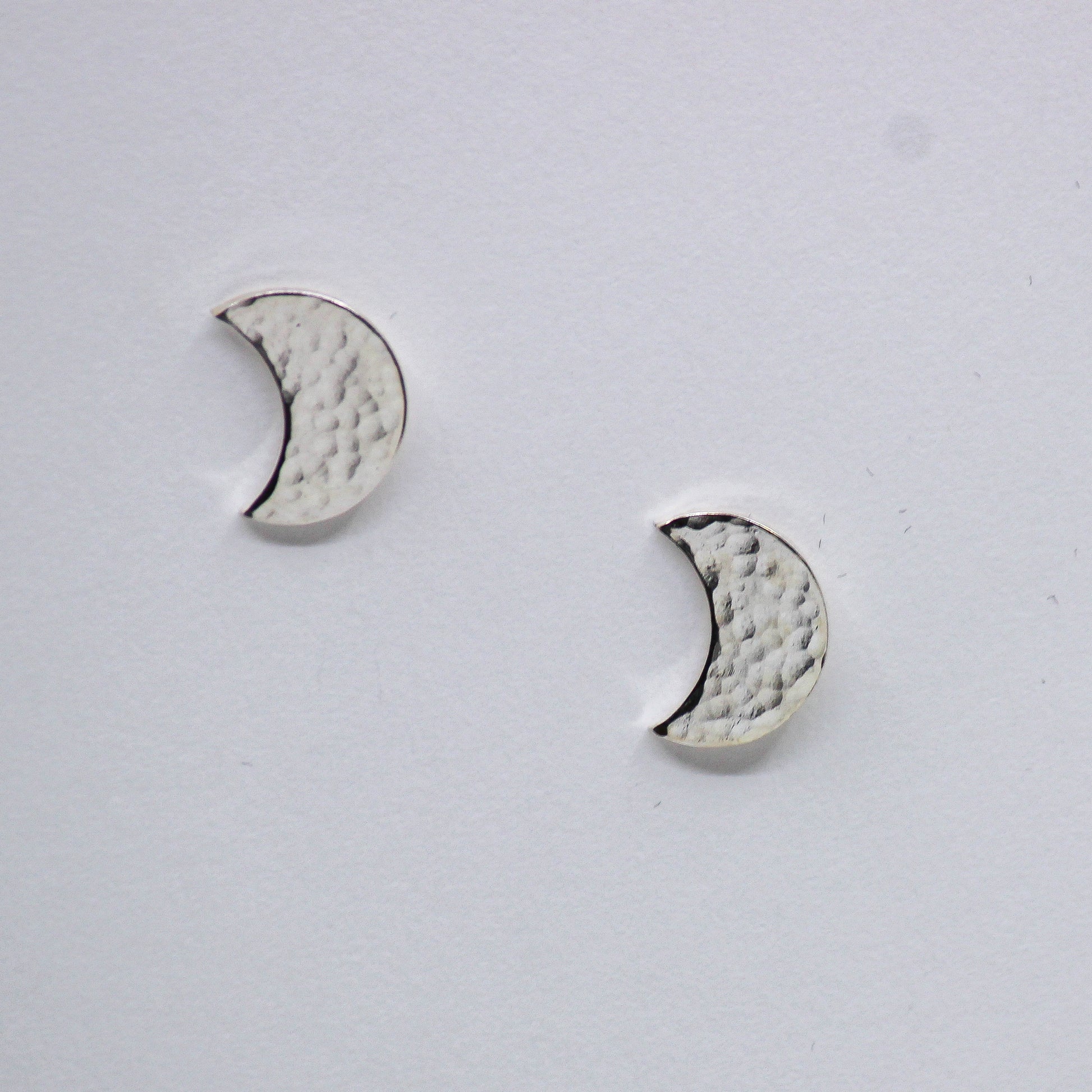 Silver hammered crescent moon stud earrings, handmade