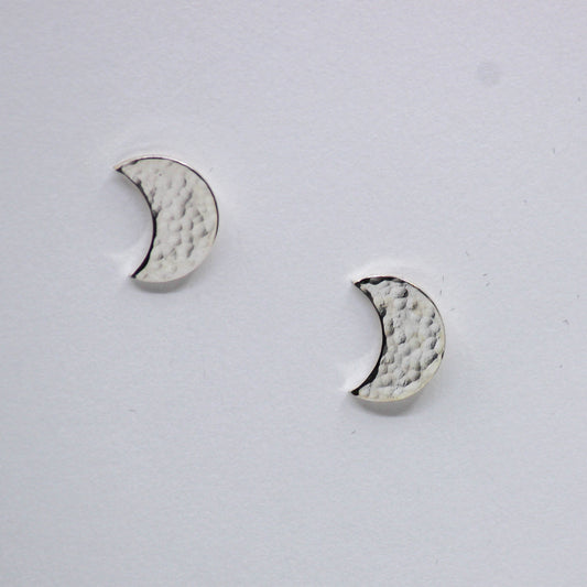 Silver hammered crescent moon stud earrings, handmade