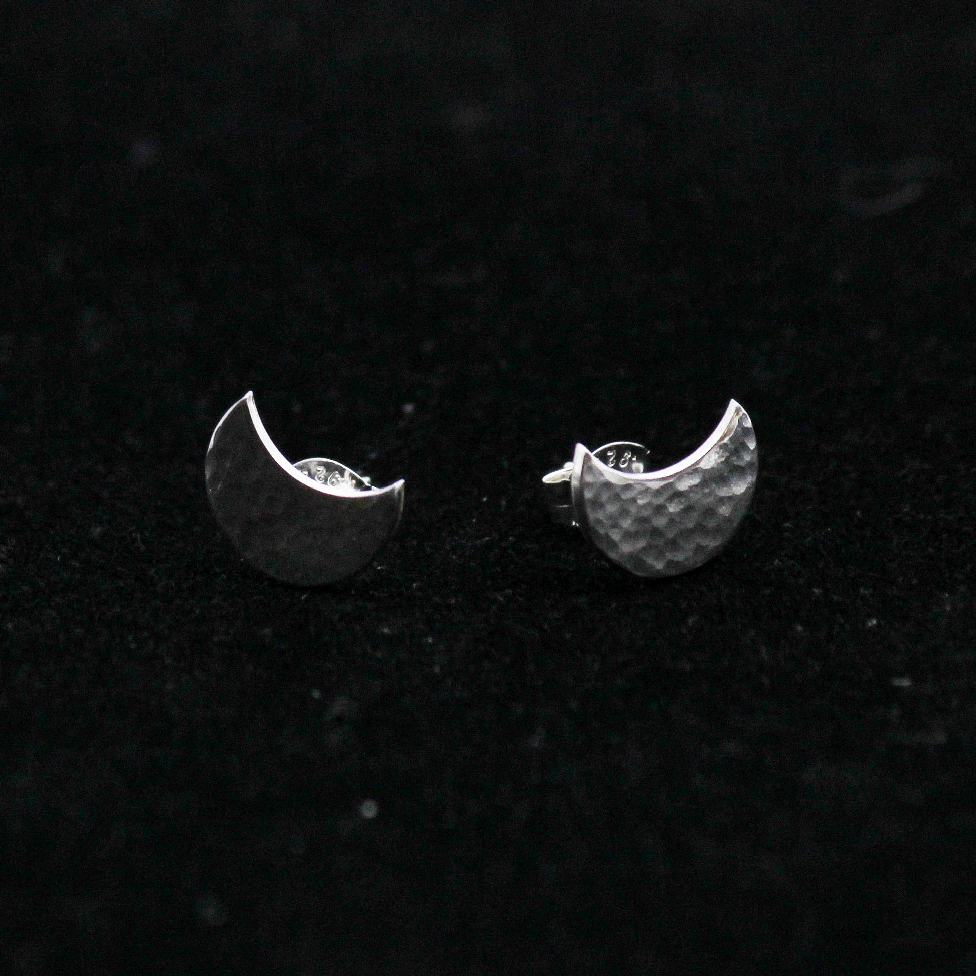 Silver hammered crescent moon stud earrings, handmade