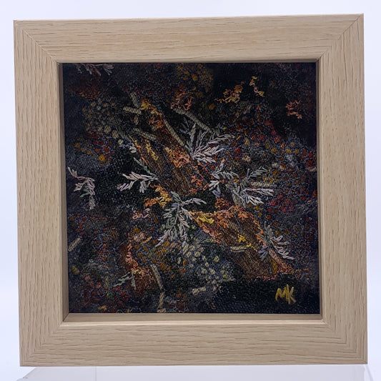 Framed Artwork of embroidered plants and wood