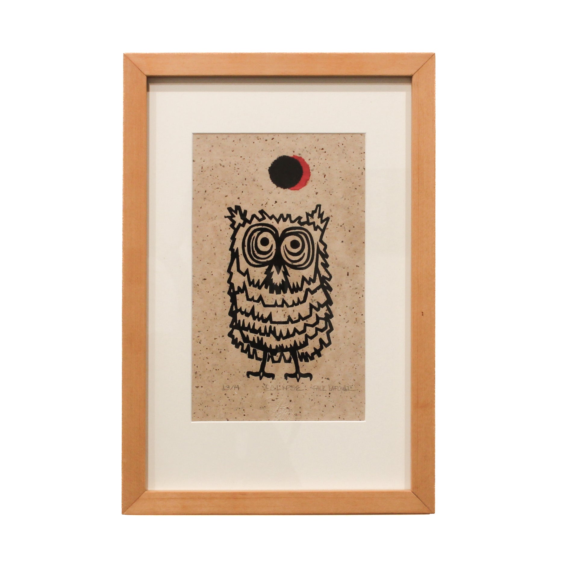 Woodcut of owl and eclipsing moon 