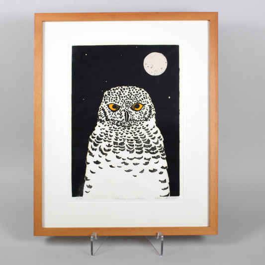 Snowy Owl and Moon - Woodcut print