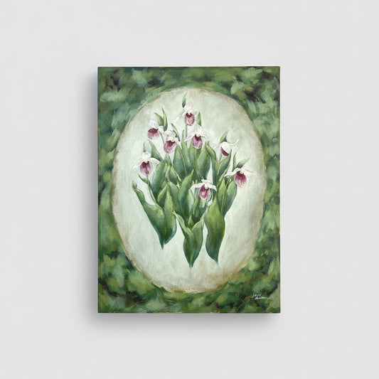 Artistic depiction of flowers in a circular frame on a textured background