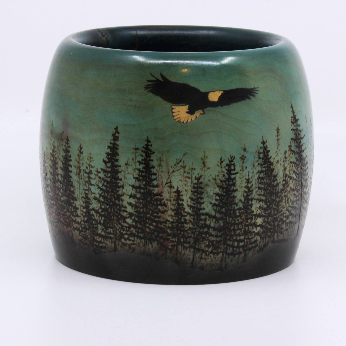 blue bowl with forest and bald eagle 
