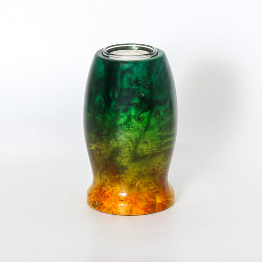 Green and orange stained burl wood candle holder