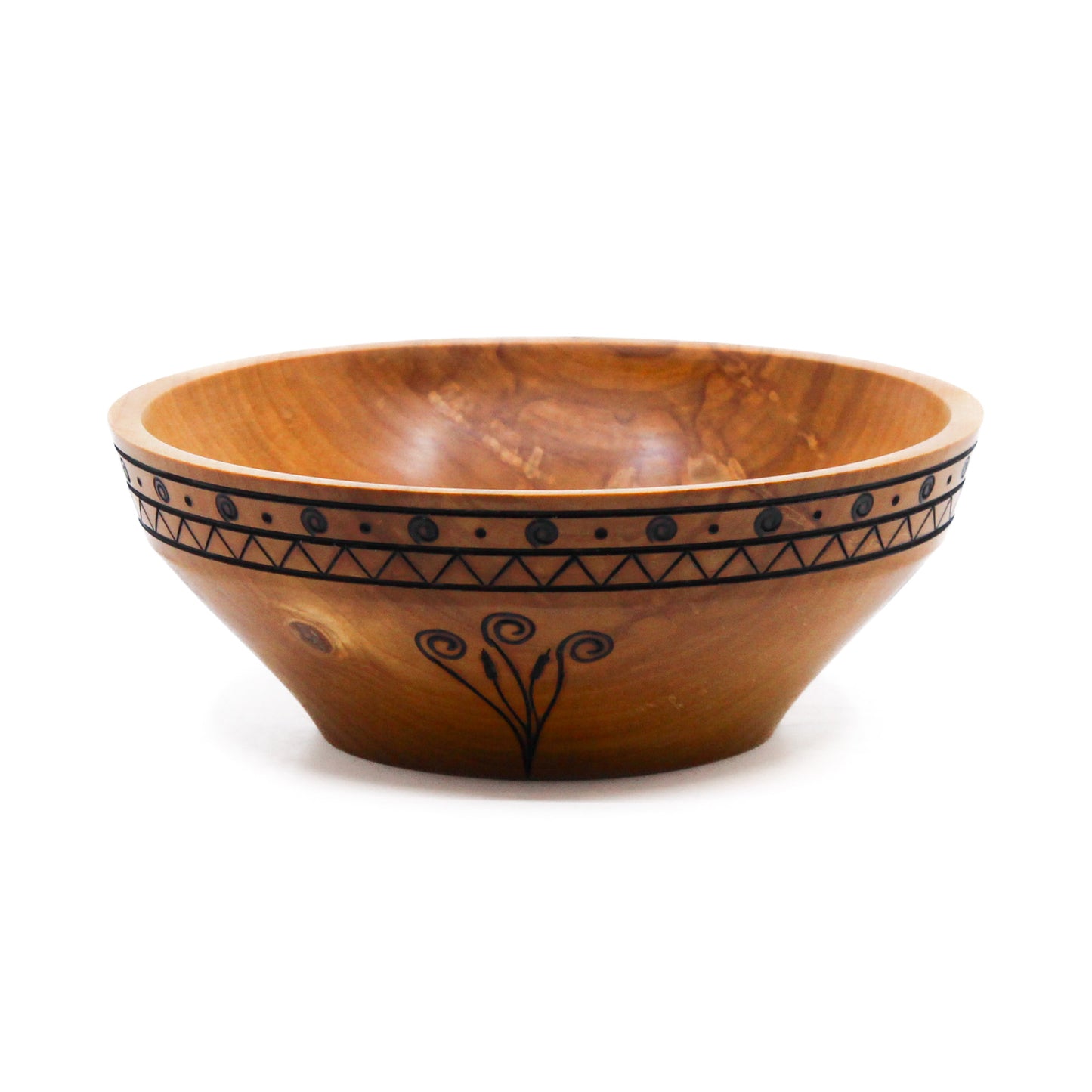 wood bowl with cattail motif and rim accent