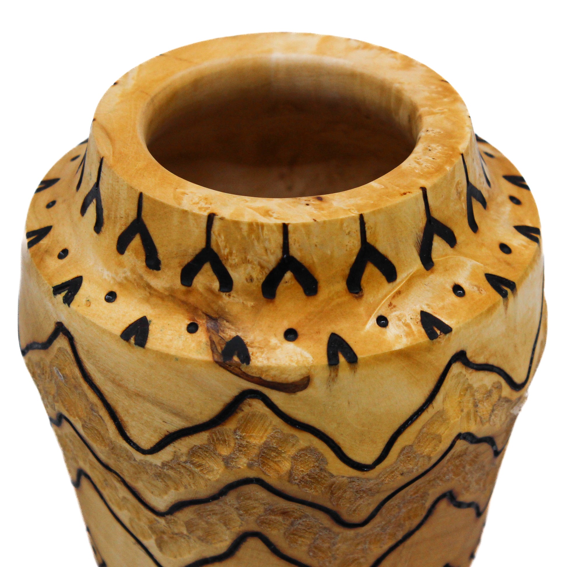 Wood vase with burning and carving 