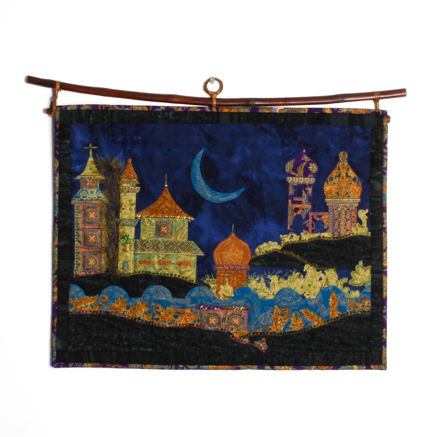 Thread painting of Byzantine architecture and moon 